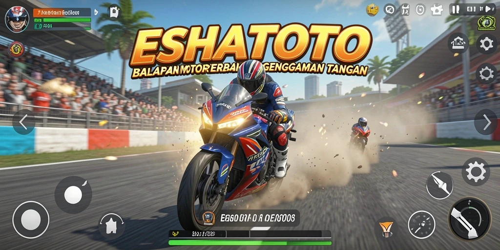 Tampilan balapan seru dalam ESHATOTO dengan motor dan trek yang beragam.