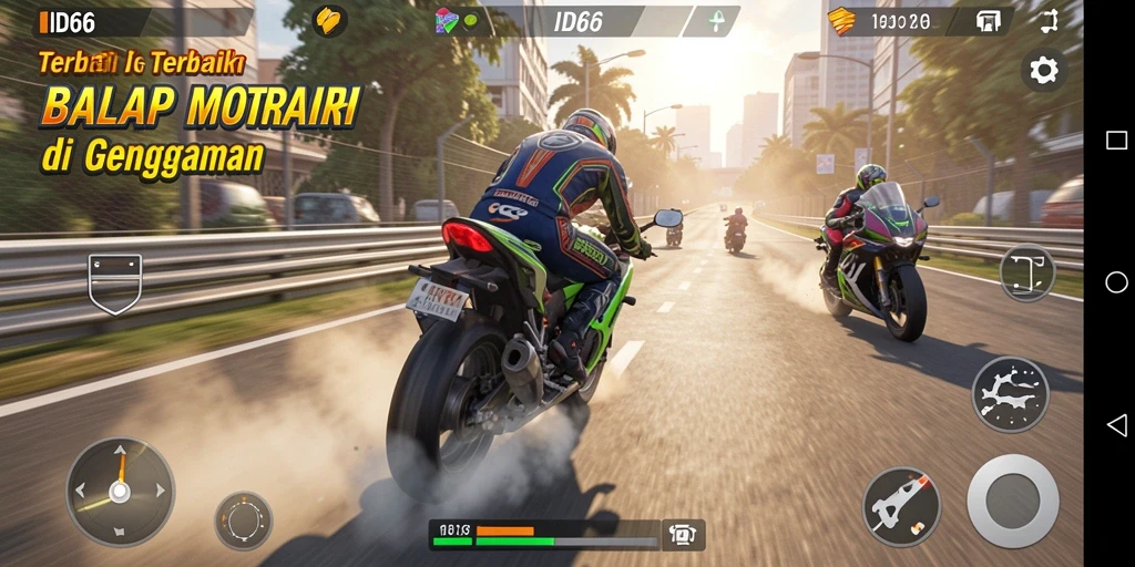 Screenshot gameplay ID66 menampilkan balapan motor yang intens.