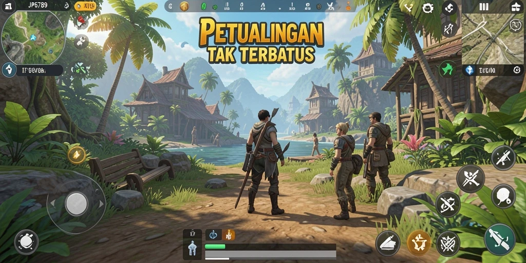 Tangkapan layar dari gameplay <strong>JP6789</strong> menunjukkan eksplorasi dunia yang luas.