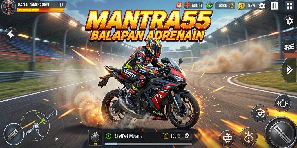 Screenshot utama MANTRA55 menampilkan aksi balap motor yang intens.