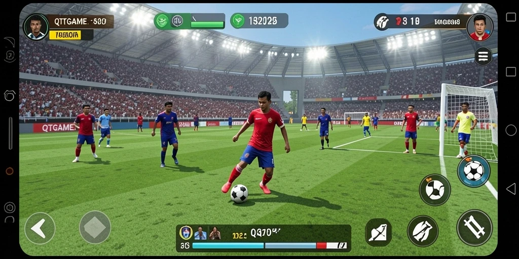 Tangkapan layar QTGAME menampilkan aksi seru pertandingan sepak bola.
