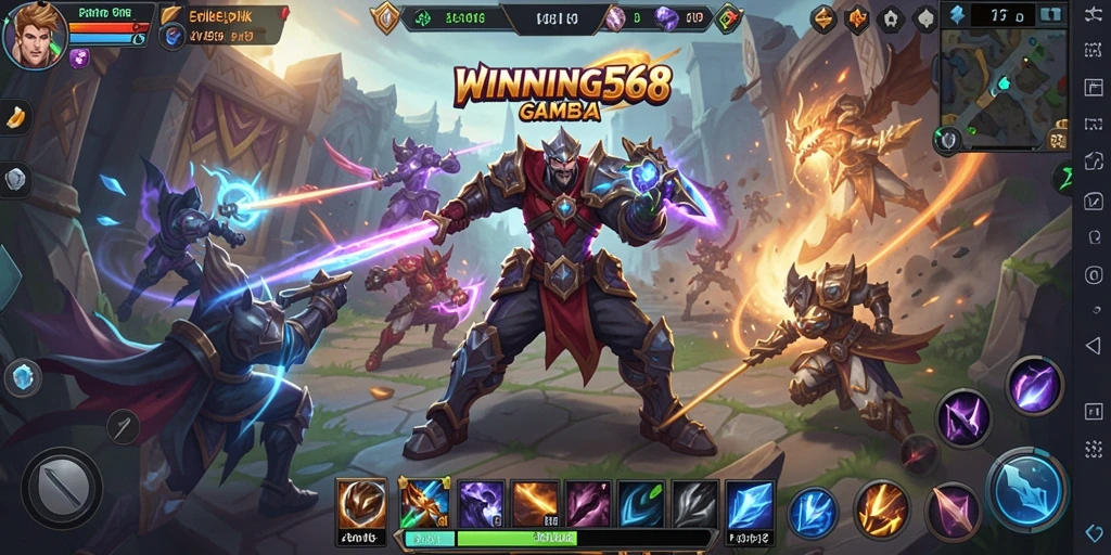 Tangkapan layar <strong>WINNING568</strong> menampilkan pertarungan seru antara hero dalam arena.